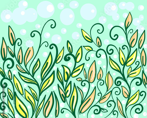 seamless floral pattern yellow leaves on a green pastel background and pastel bubbles around