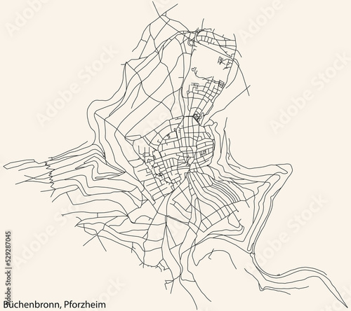 Detailed navigation black lines urban street roads map of the B  CHENBRONN DISTRICT of the German regional capital city of Pforzheim  Germany on vintage beige background
