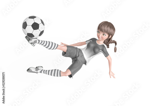 soccer girl is doing acrobatics to kick the ball in white background top view
