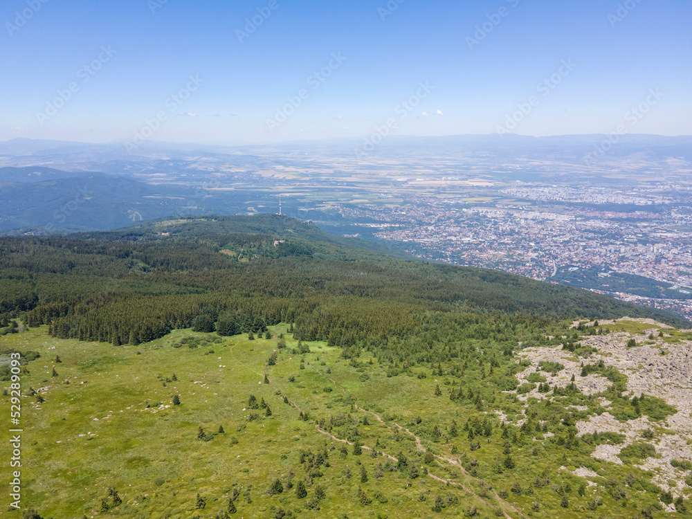 Naklejka premium Aerial view of Vitosha Mountain near Kamen Del Peak, Bulgaria