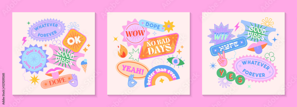 Vector set of cute fun templates with patches and stickers in 90s style.Modern symbols in y2k aesthetic with text.Trendy kidcore designs for banners,social media marketing,branding,packaging,covers Vector set of cute fun templates with patches and stickers in 90s style.Modern symbols in y2k aesthetic with text.Trendy kidcore designs for banners,social media marketing,branding,packaging,covers
