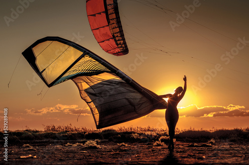 Kitesurfing awesome sunset beach