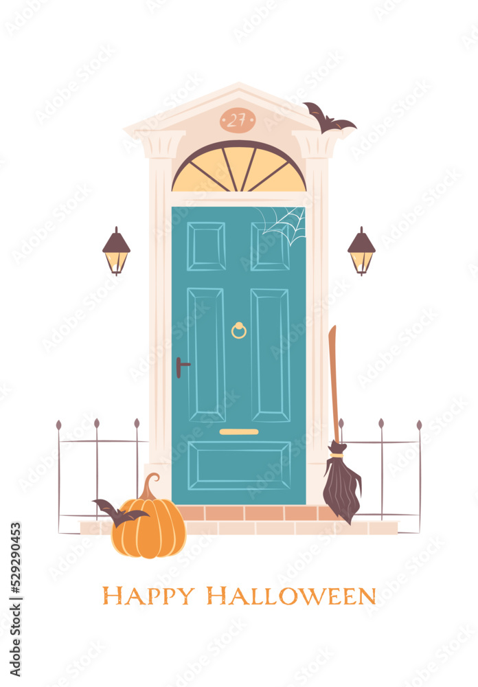 Happy Halloween night party. Vector illustration of house front door decorations with Halloween pumpkin, witch broom, bat, spider web. Design template for greetings card, web banner, invitations