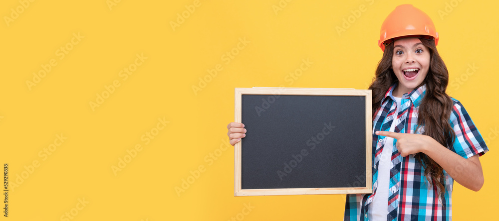 Renovation child, kid presenting novelty information. childhood education. copy space for announcement. Child builder in helmet horizontal poster design. Banner header, copy space. Renovation child, kid presenting novelty information. childhood education. copy space for announcement. Child builder in helmet horizontal poster design. Banner header, copy space.