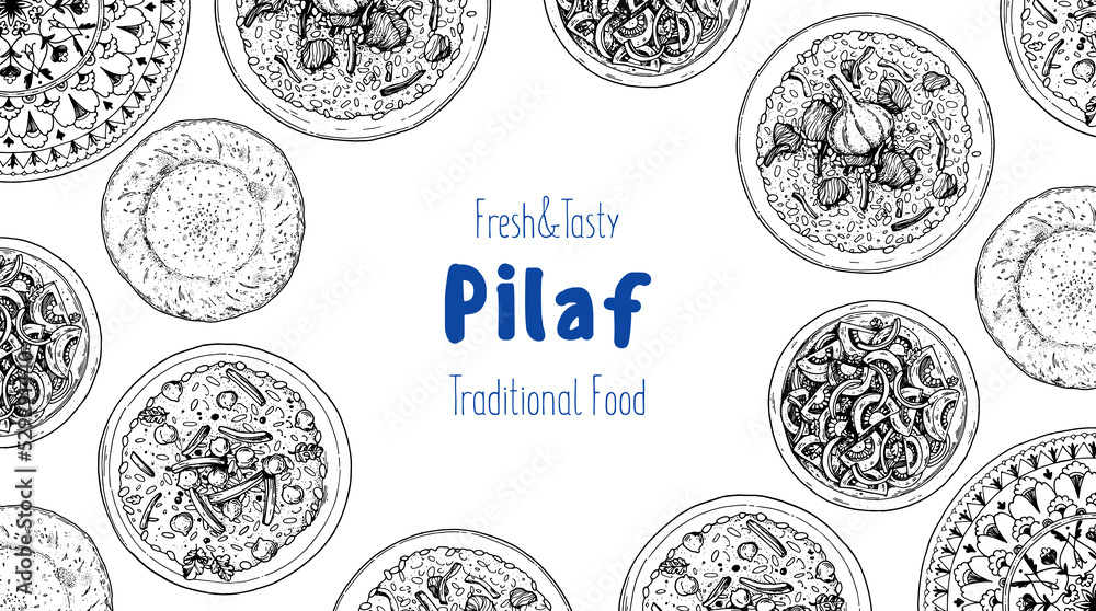 Pilaf cooking and ingredients for pilaf, sketch illustration. Middle eastern cuisine frame