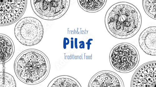 Pilaf cooking and ingredients for pilaf, sketch illustration. Middle eastern cuisine frame. Uzbek food, design elements. Hand drawn, package design. Arabic food