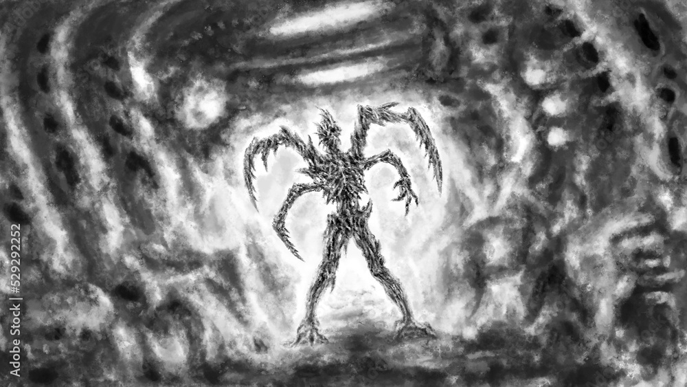 Scary alien mutant in dark corridor of bunker. Spooky halloween walking ...