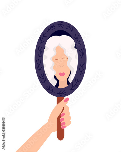 Blond woman looking in mirror flat style illustration. Womanm holding hand mirror and looking in it.