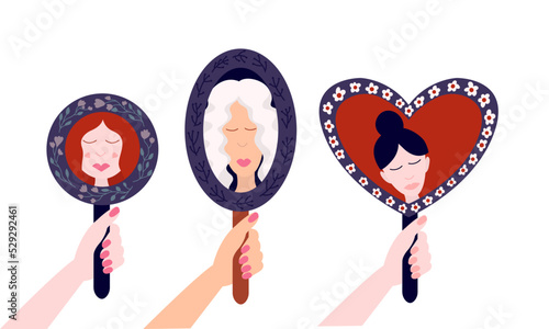 Woman looking in mirror in hands and reflexing her face vector flat illustration. Different women holding mirror and looking in vector set.