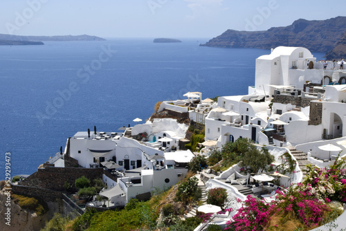 Scenic view of the authentic white houses in the Santorini villages Oia and Thira  on Santorini island  Greece