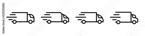 Conjunto de icono de camión de entrega y transporte. Camión de reparto. Entrega gratuita, atención 24 horas. Ilustración vectorial