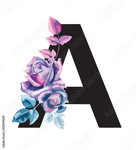 Single A letter with beautiful floral elements. alphabet with beautiful pink and indigo blue roses. Isolated on white background, editable. Signs and symbols, rose element. logo, floral, symbol