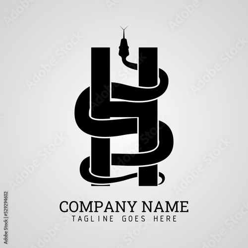 Black isolated and silhouette snake animal shape wrapped around the letter H separated trimmed each other