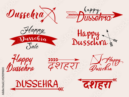 Happy Dussehra Navratri festival of India. Vector typography set with hindi text meaning Dussehra, bows and arrows for banner, logo, poster design. Hindu holiday Vijayadashami.