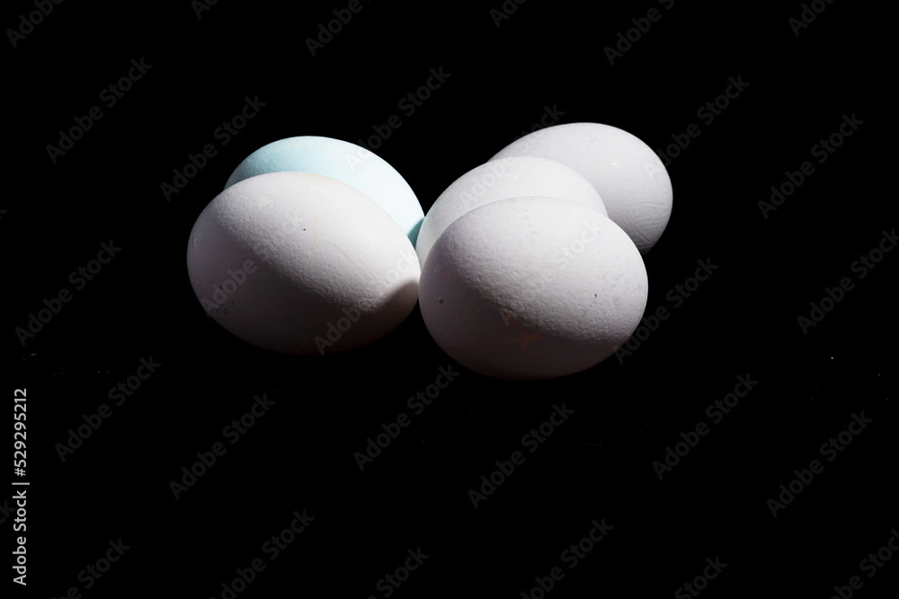 cinco huevos blancos de gallina, sobre fondo negro cinco huevos blancos de gallina, sobre fondo negro