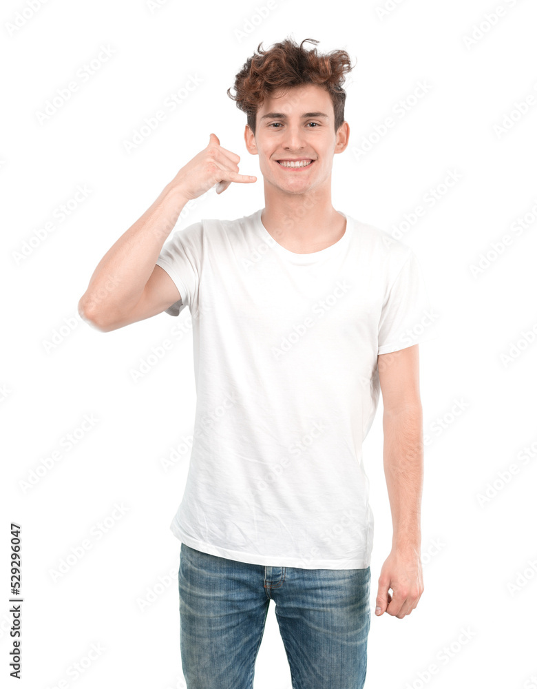 Happy young guy with a gesture of call with his hand Happy young guy with a gesture of call with his hand