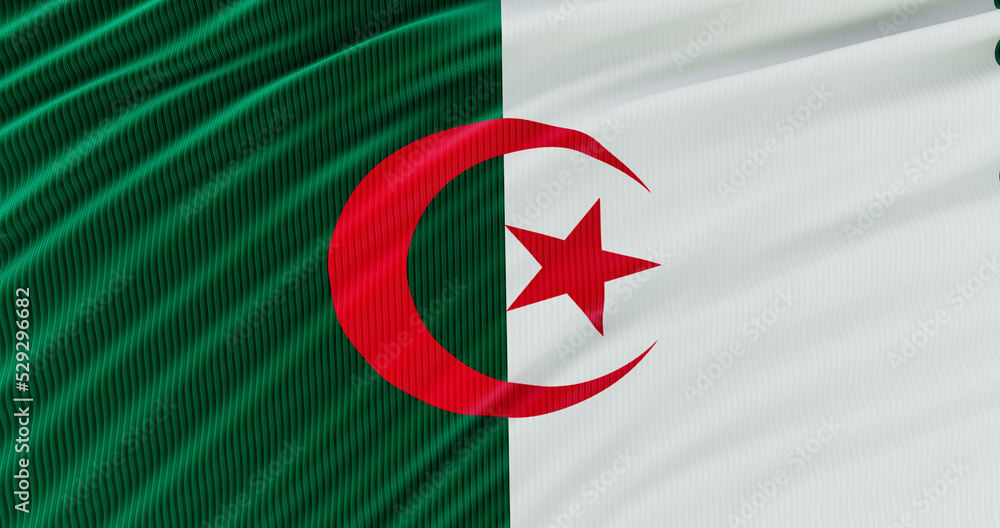 Algeria flag realistic waving for design on independence day, Algeria flag with fabric texture. 3D render Algeria flag realistic waving for design on independence day, Algeria flag with fabric texture. 3D render