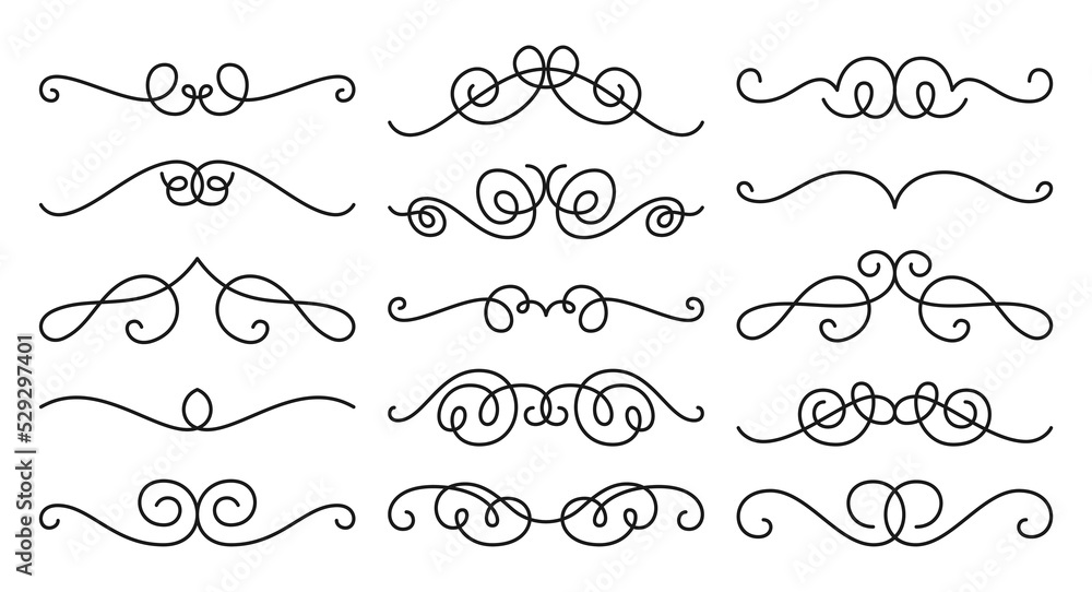 Vintage swirl ornament line flourish set. Filigree calligraphic ornamental curls. Decorative retro design element for menu, wedding invatation card, label prise tag. Text divider, certificate diploma