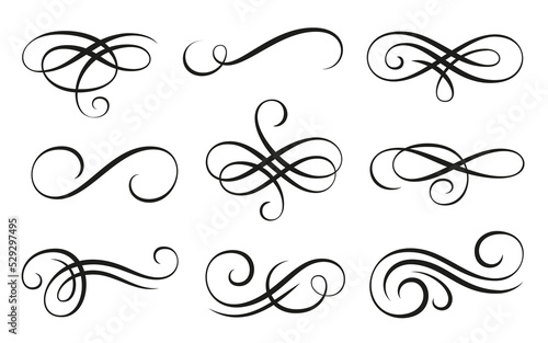 Calligraphic swirl ornament, line style flourishes set. Filigree vignette ornamental curls. Decorative design elements for menu, certificate diploma, wedding card, invatation, outline text divider photo