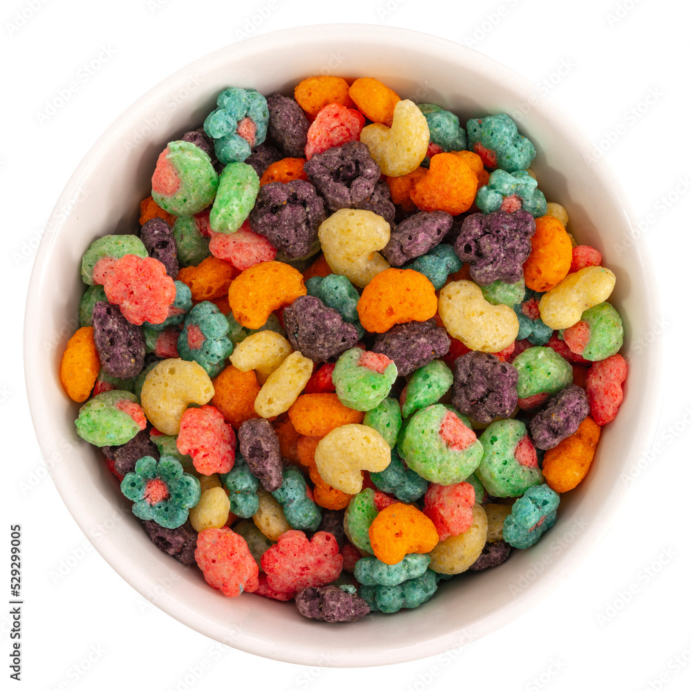 Top view of bowl with fruit cereal naturally and artificially fruit flavored sweetened corn puffs. Cereal fruity shapes. Zenith. Aerial view. Dish containing cereal ready for the preparation of a food Top view of bowl with fruit cereal naturally and artificially fruit flavored sweetened corn puffs. Cereal fruity shapes. Zenith. Aerial view. Dish containing cereal ready for the preparation of a food