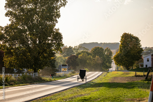 Amish horse and buggy traveling through the Holmes County, Ohio countryside on a late summer afternoon