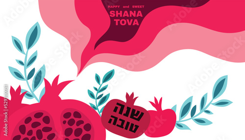 Rosh hashanah , Shana Tova - jewish new year holiday banner template design. Pomegranate, honey, wine, menorah, candle, star David, apple, shofar, flower Vector flat icon illustration 