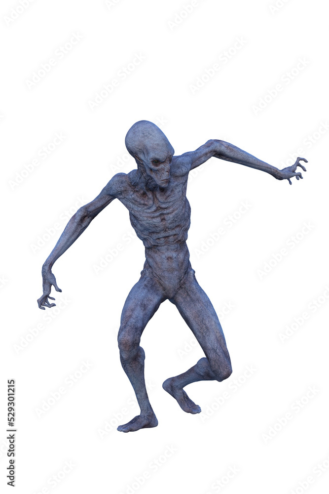 3D rendering of a blue grey alien man in bent walking pose isolated. 3D rendering of a blue grey alien man in bent walking pose isolated.