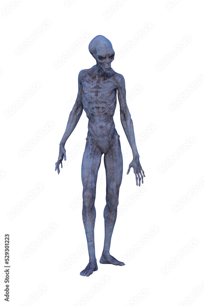 3D rendering of a blue grey alien man standing and looking left isolated.