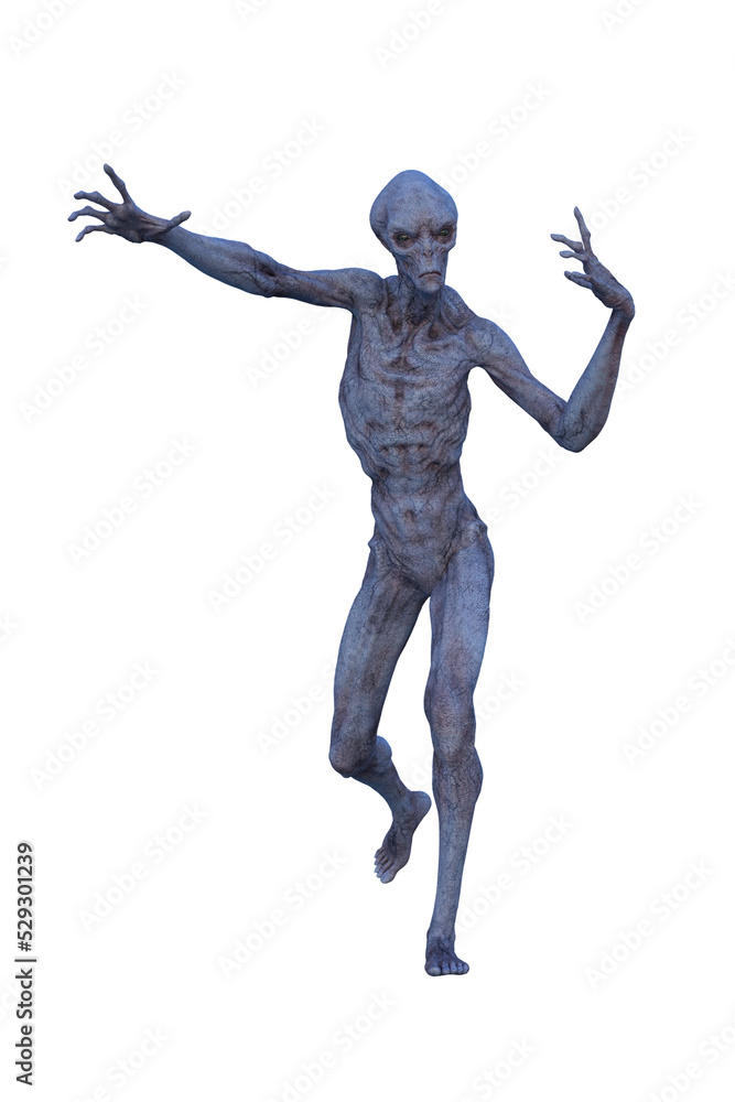 3D rendering of a blue grey alien man running isolated.