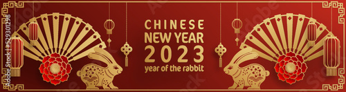 Fotografiet Happy chinese new year 2023 year of the rabbit zodiac with on color Background