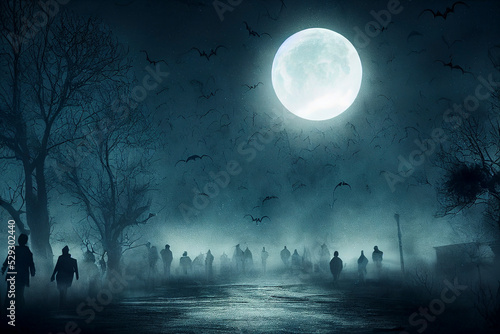 Spooky Halloween night, full moon and clouds, dramatic night sky painting