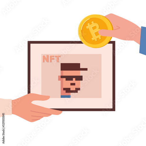 Sale of paintings for cryptocurrency, NFT auction. Non-fungible NFT tokens are bought with bitcoin. Buyers hands and pixel art. Vector flat illustration isolated on white background