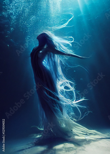 the magic ocean lady, beautiful young woman with torn dress and long hair on the ground of the ocean, deep blue sea with sunbeams, underwater scene, fictional person created with generative ai