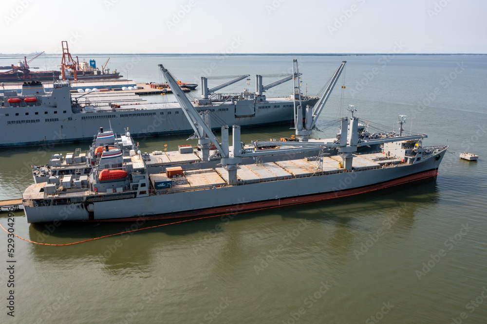 Aerial View of Merchant Marine Ships Docked Near Downtown Newport News Virginia