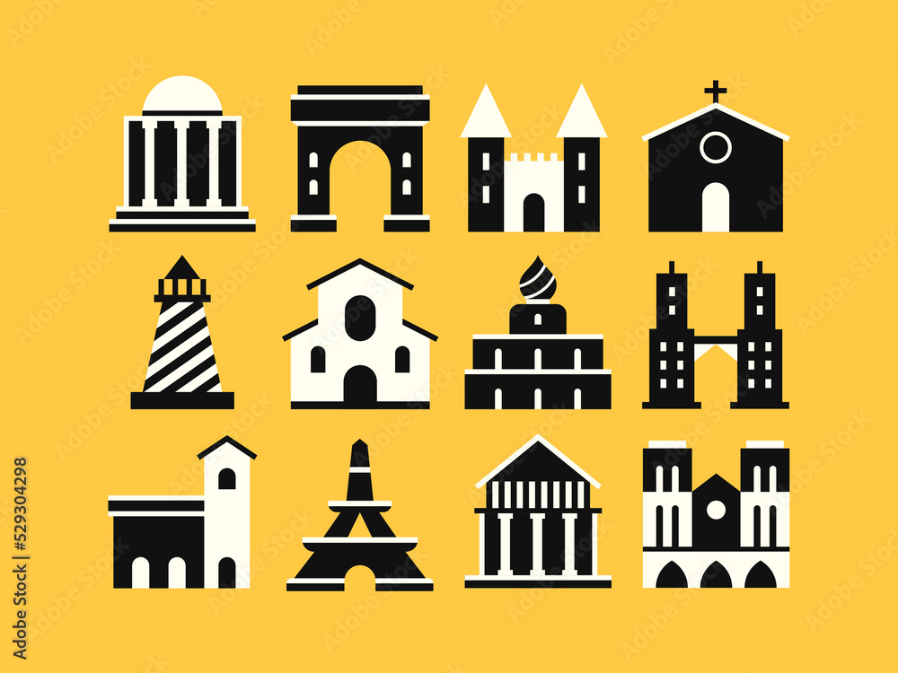 Monuments icons set. Collection of flat vector illustrations with buildings, Pantheon, Arc de Triomphe, castle, church, lighthouse, Kremlin, Eiffel Tower, Notre Dame.