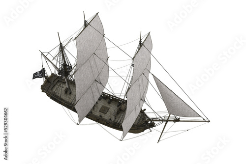 Aerial view of an old wooden pirate sailing ship in full sail. 3D illustration isolated. photo