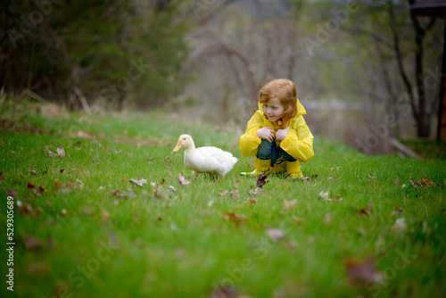 Cute girl in raincoat looking at duck while crouching on grassy field photo