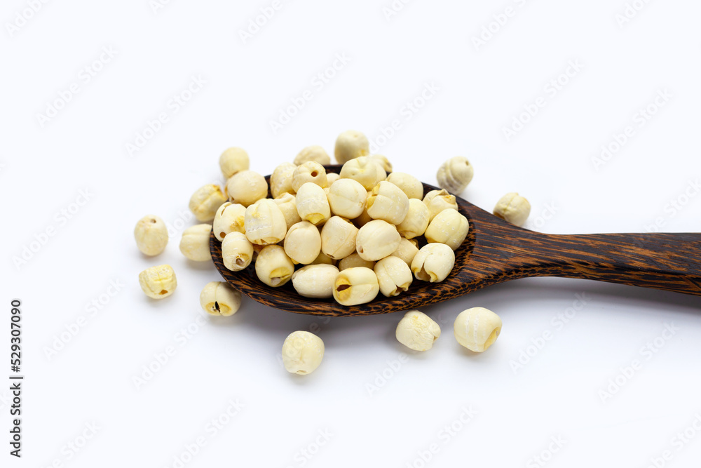Dried lotus seeds on white background. Dried lotus seeds on white background.