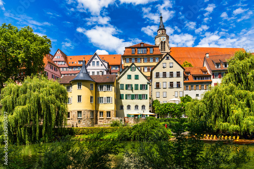 Beautiful floral colorful town Tubingen in Germany  Baden-Wurttemberg . Houses at river Neckar and Hoelderlin tower  Tuebingen  Baden-Wuerttemberg  Germany. Tubingen  Germany.