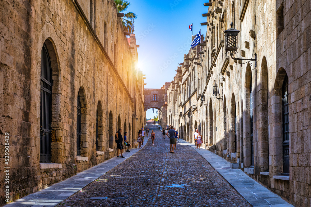 The Street of the Knights, the most famous street in Rhodes old town, Rhodes island, Greece. The Street of the Knights in Rhodes is one of the best preserved medieval monuments in the world. Greece