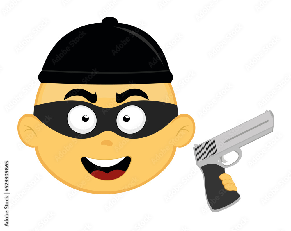Vector emoji illustration of a yellow cartoon thief, with a cap, mask on his face and a gun in his hand Vector emoji illustration of a yellow cartoon thief, with a cap, mask on his face and a gun in his hand