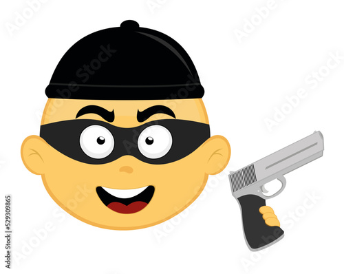 Vector emoji illustration of a yellow cartoon thief, with a cap, mask on his face and a gun in his hand