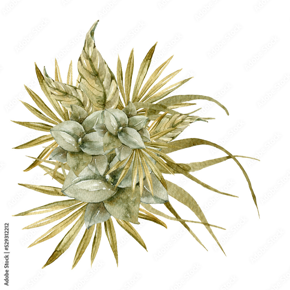 Fototapeta premium Watercolor tropical boho flower bouquet isolated on transparent background. Flowers hand painted design, exotic leaves, jungle flowers, paradise plants
