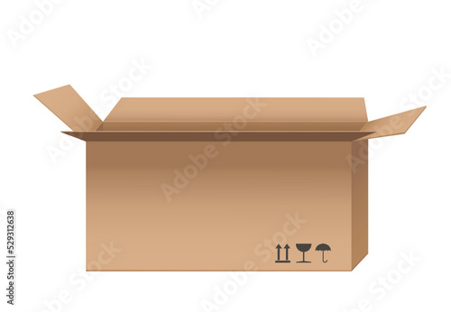 Geöffneter Pappkarton, leere Box mit Warnhinweis, 
Vektor Illustration isoliert auf weißem Hintergrund
