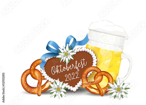 Oktoberfest Grüße mit Lebkuchen-Herz und Text - Oktoberfest 2022 - mit Edelweiß, Maß Bier und Brezeln,
Vektor Illustration isoliert auf weißem Hintergrund
