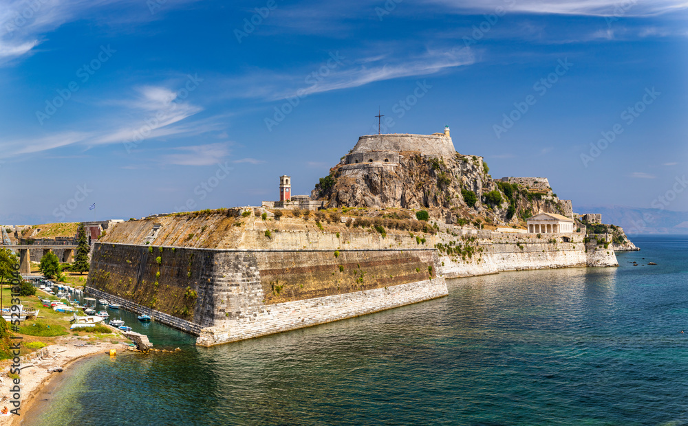 Fototapeta premium The old Venetian fortress of Corfu town, Corfu, Greece. The Old Fortress of Corfu is a Venetian fortress in the city of Corfu. Venetian Old Fortress (Palaio Frourio), Corfu, Ionian Islands, Greece
