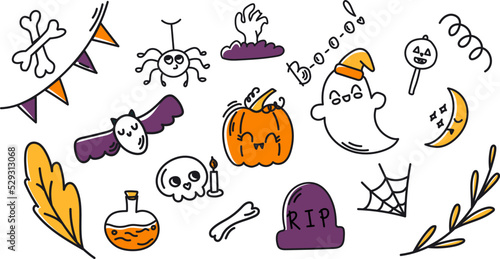 Halloween doodle Vector Set. Cute ghost, spider web, pumpkin, skull and autumn leaves photo