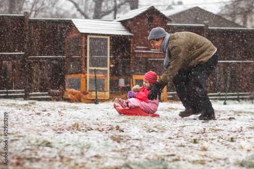 Side view of father tobogganing cute daughter on snow covered field in backyard during snowfall photo