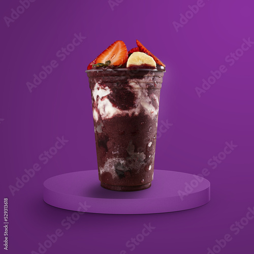 Frozen Acai Berry cup with banana, strawberry and vegan condensed milk. On Purple 3D Background