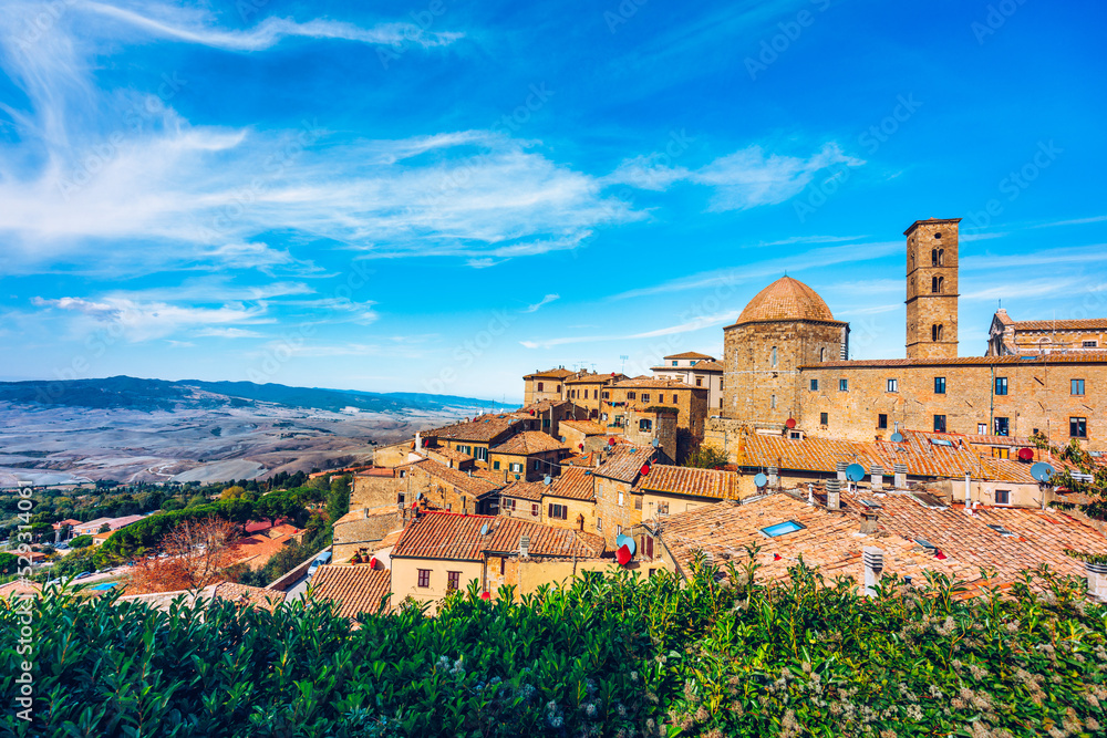 Tuscany, Volterra town skyline, church and panorama view. Maremma, Italy, Europe. Panoramic view of Volterra, medieval Tuscan town with old houses, towers and churches, Volterra, Tuscany, Italy.